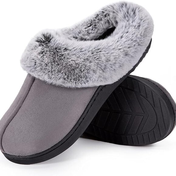 Women's Moccasins Faux Fur Trim Memory Foam Slippers(Dark Gray) - Picture 2 of 7